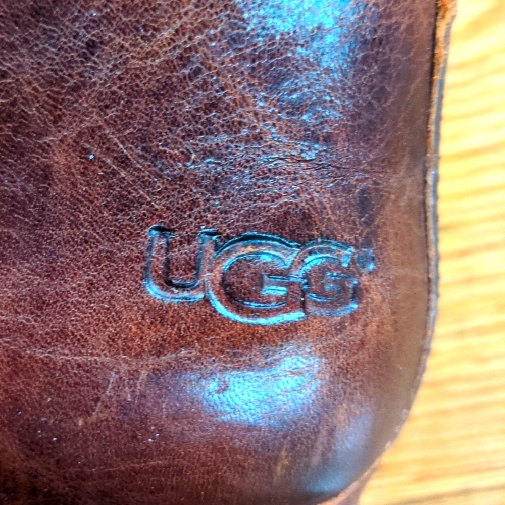 UGG Lynnea Fold Over Sheepskin Lined Brown Leather Boots Size 5 - Picture 12 of 14